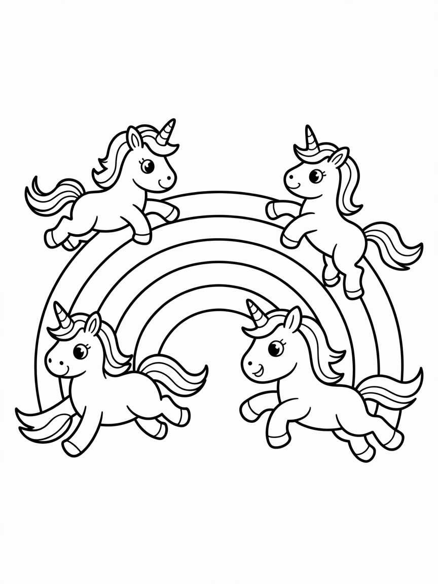 Space unicorns jumping over rainbows - Free Coloring Page