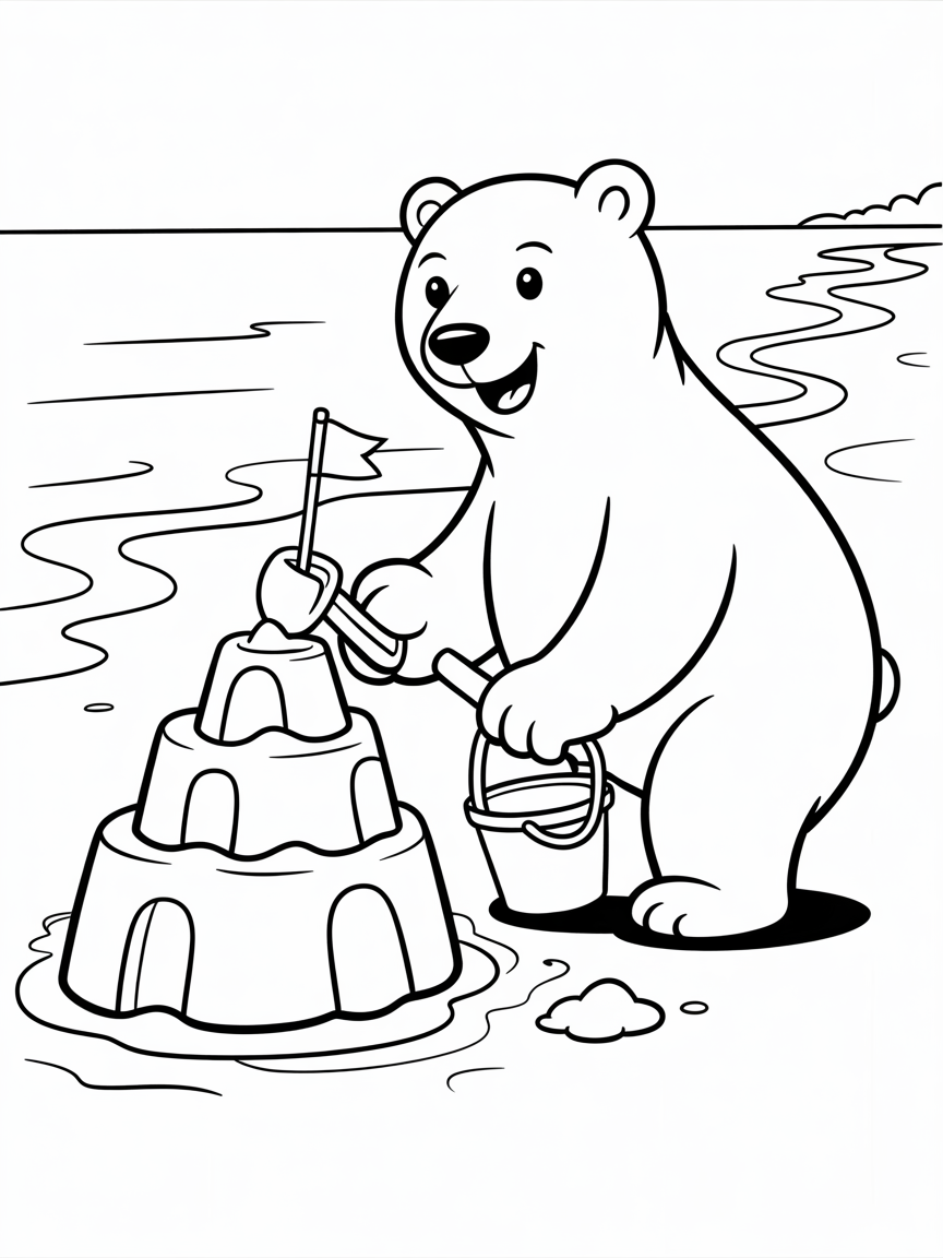 Polar bear building a sandcastle - Free Coloring Page