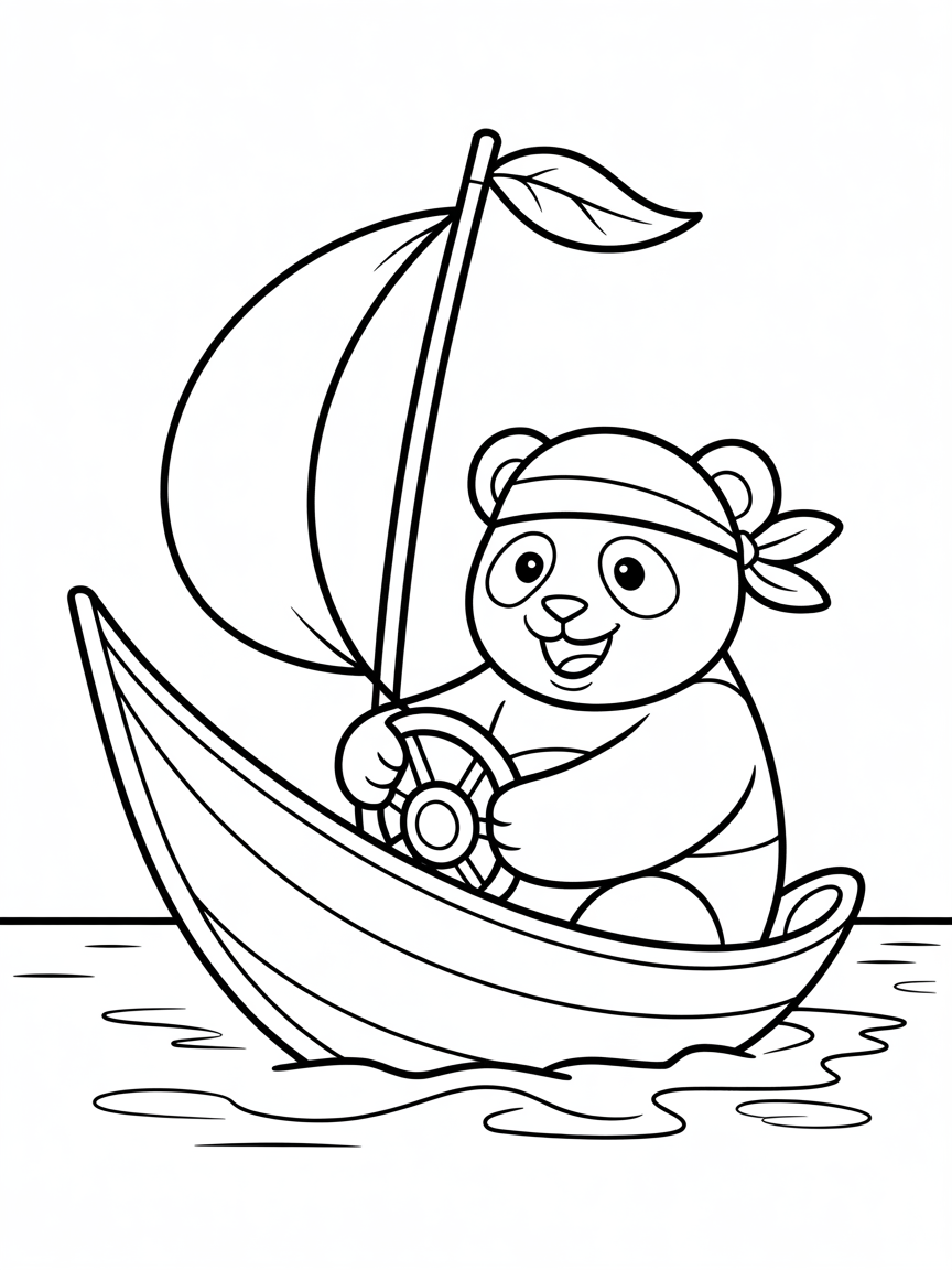 Pirate panda sailing a leaf boat - Free Coloring Page