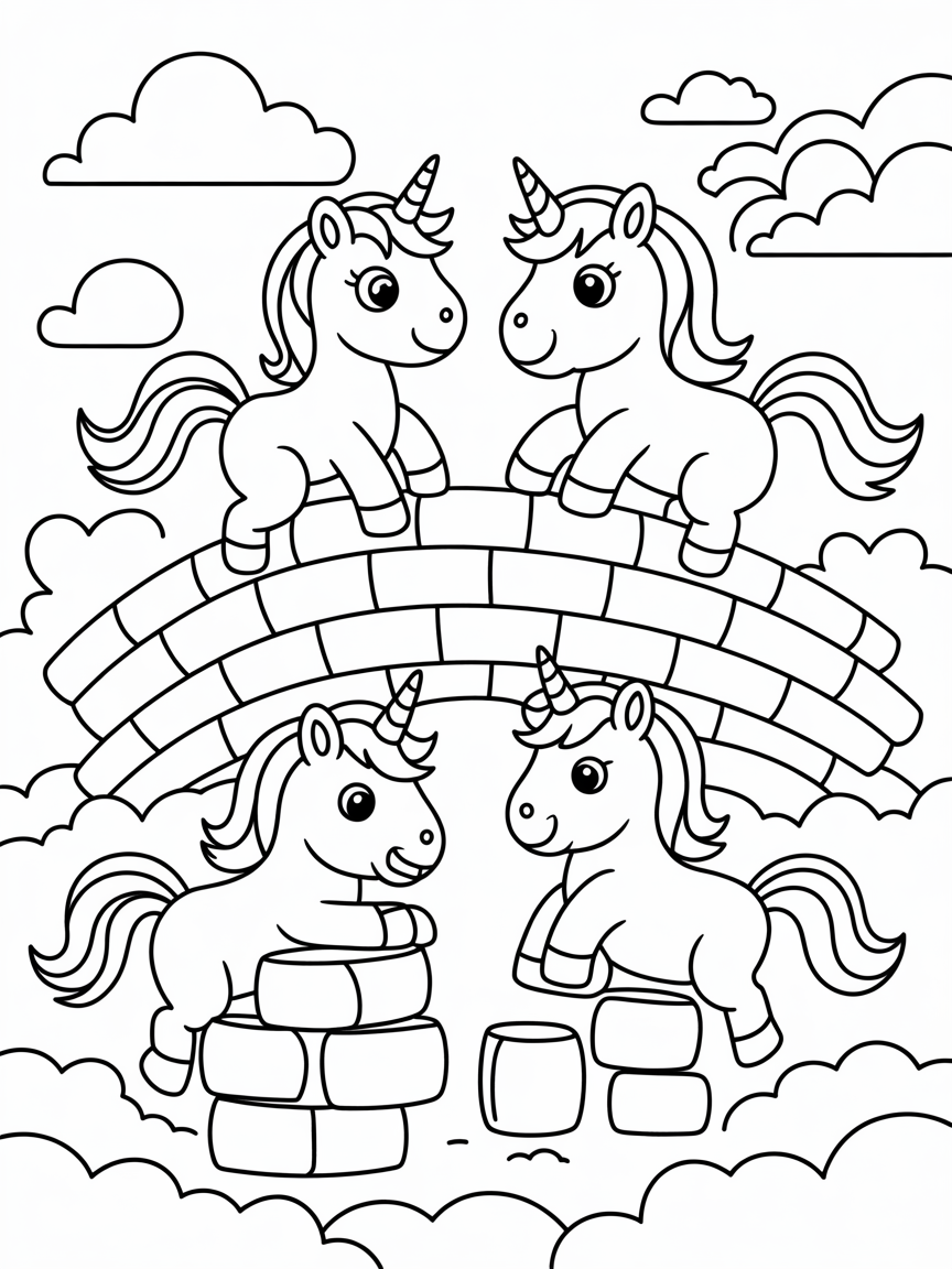 Unicorns building a rainbow bridge - Free Coloring Page