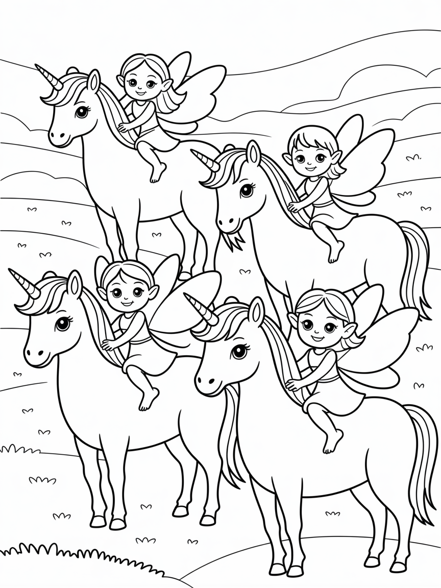 Fairies on unicorns - Free Coloring Page