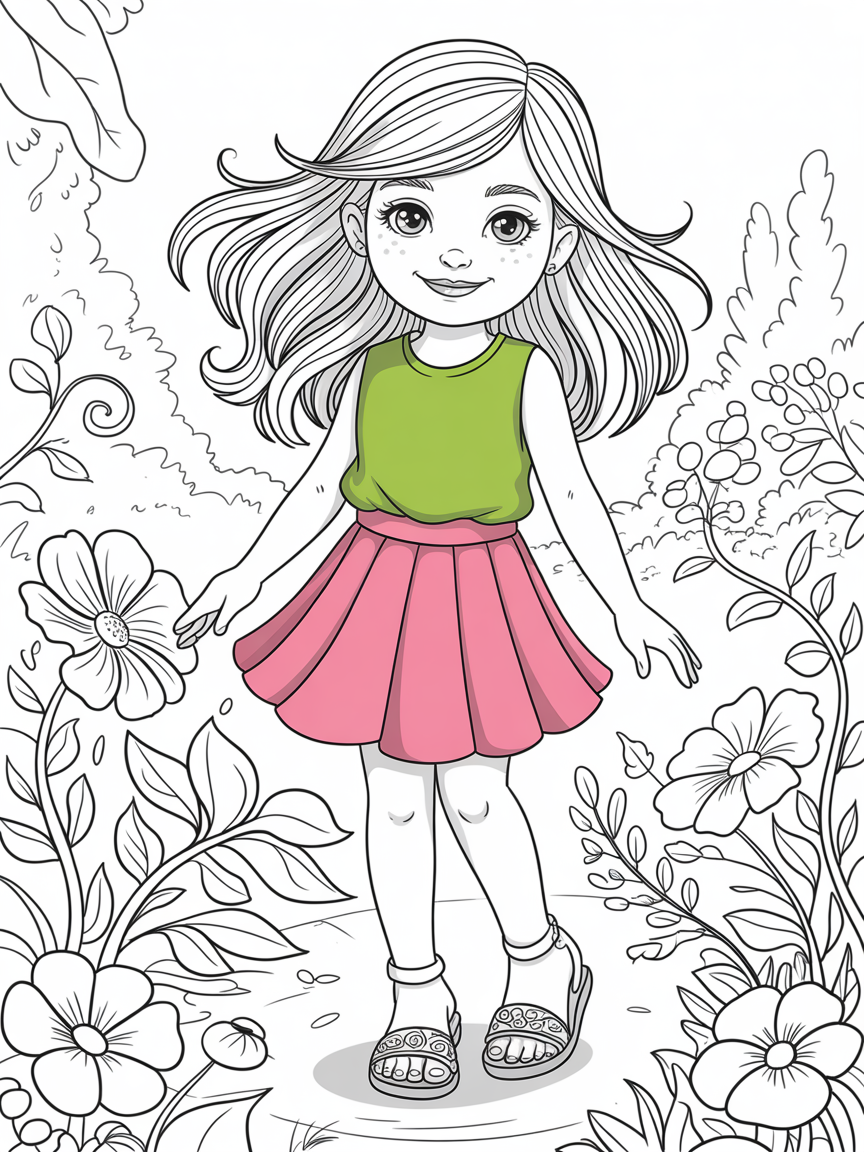 A young girl wearing a green sleeveless shirt, a pink pleated mini skirt and a pair of open toe sandals. Her hair is brown. Her sandals are made of gold. - Free Coloring Page