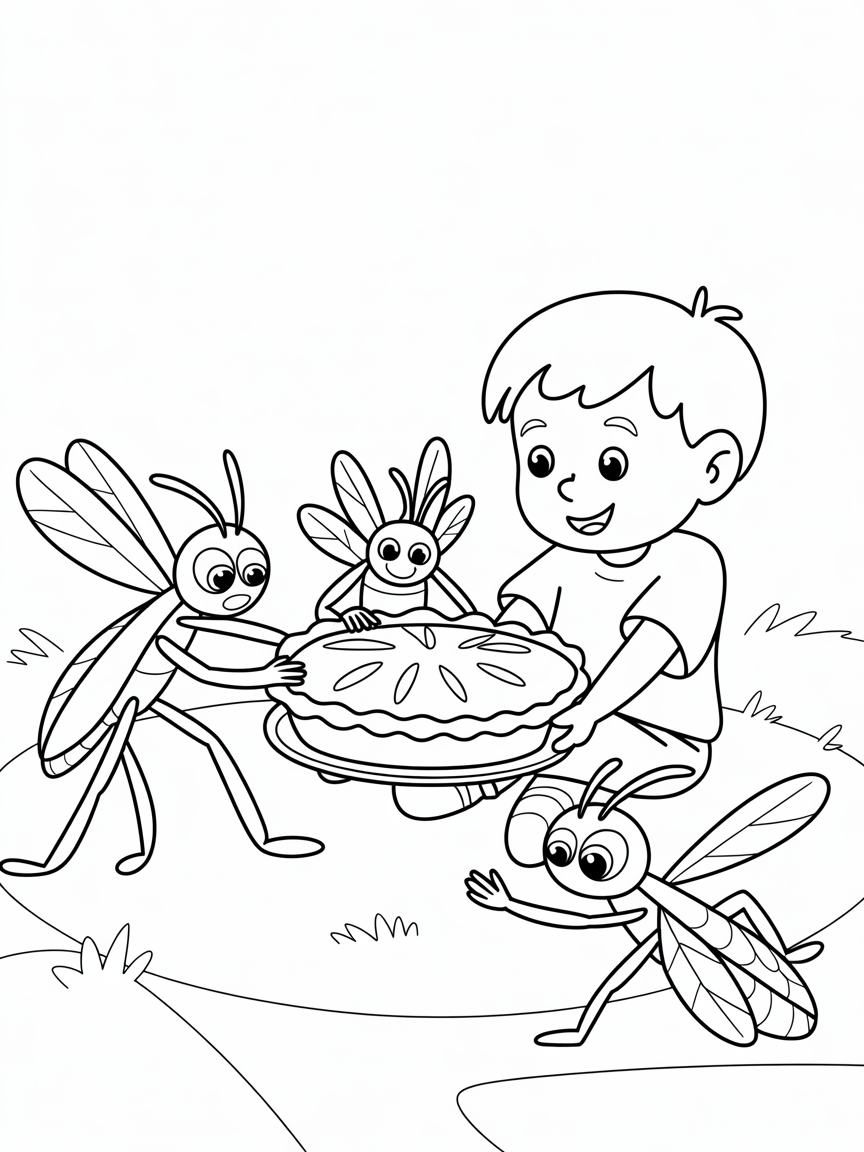 Giant stick insects eating a homemade pie, little boy sitting with them - Free Coloring Page