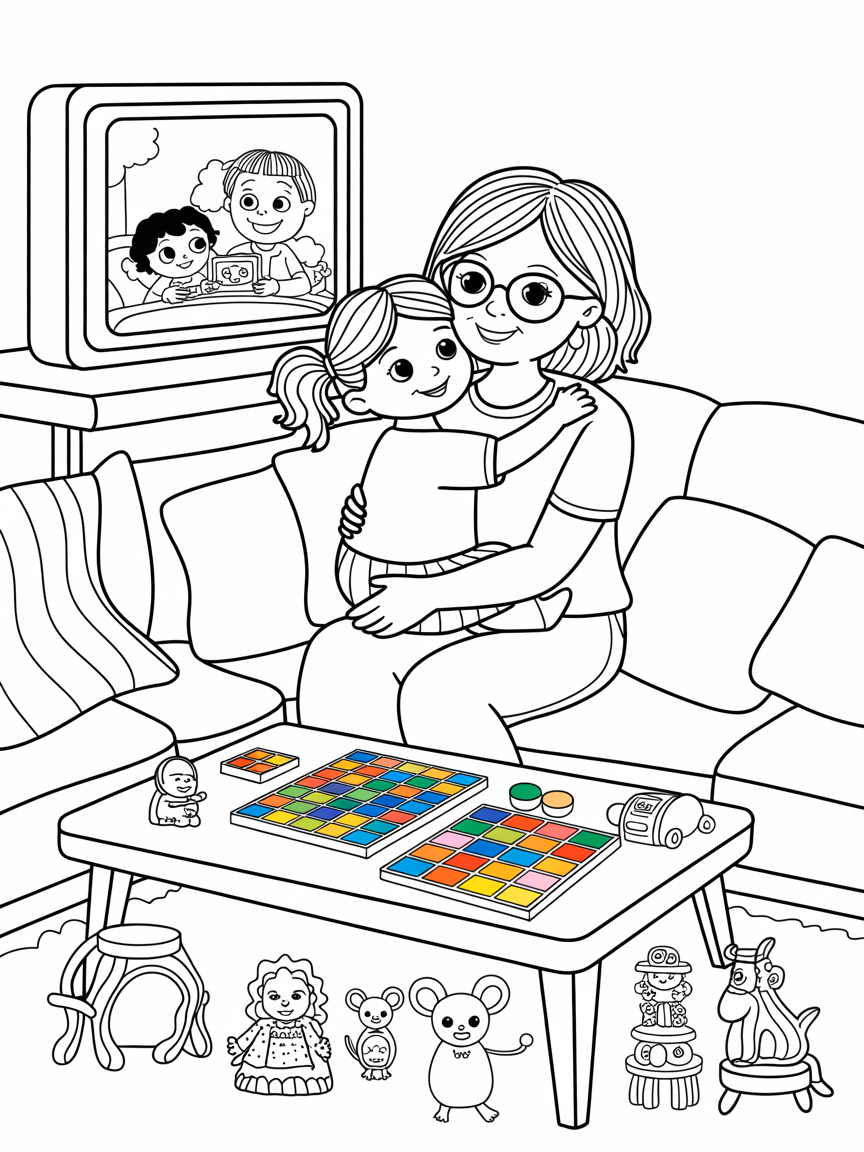 A little girl with curly hair in pig tails and her mum who wears glasses are lying on the sofa, snuggled together. bluey is playing on the tv in front of them. There is a wooden coffee table and lots of magnetic tile. There are olli ella dinkum dolls and maileg mice and ostheimer wooden animals on the floor. - Free Coloring Page
