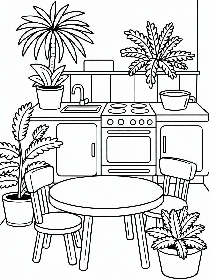Cozy kitchen filled with house plants - Free Coloring Page