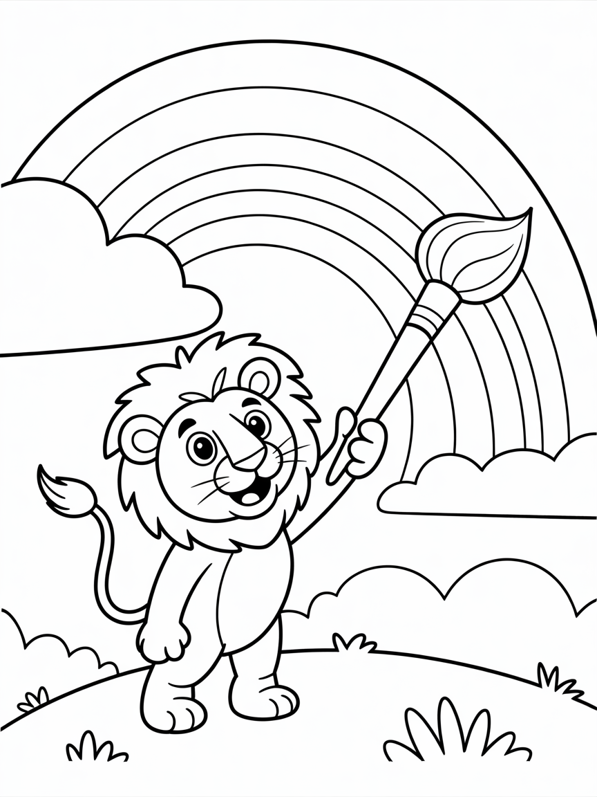 Lion painting a rainbow sunset - Free Coloring Page