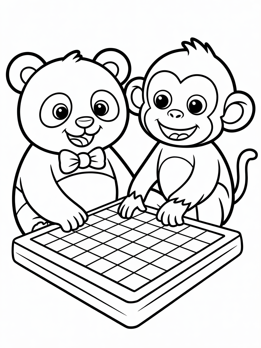 Panda playing chess with a monkey - Free Coloring Page