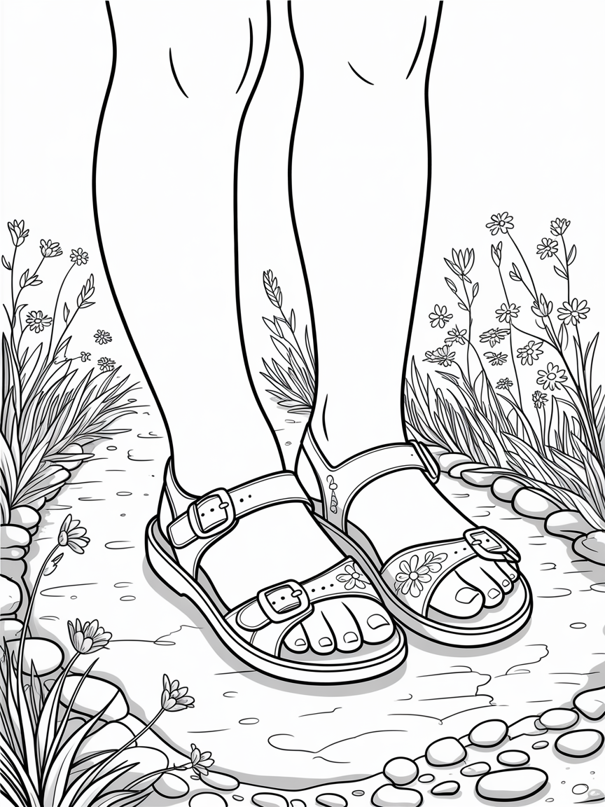 Closeup of the feet of a young girl. She is wearing black open toe sandals with buckles on them. - Free Coloring Page