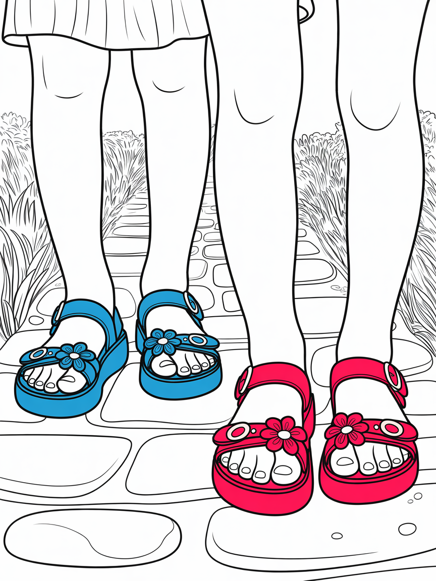 Closeup of the feet of a two young girls. One of them is wearing blue platform sandals and the other is wearing red platform sandals. - Free Coloring Page