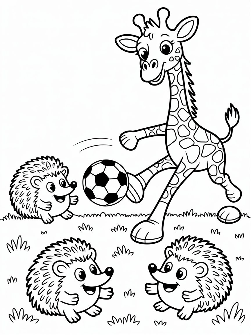 Giraffe playing soccer with hedgehogs - Free Coloring Page