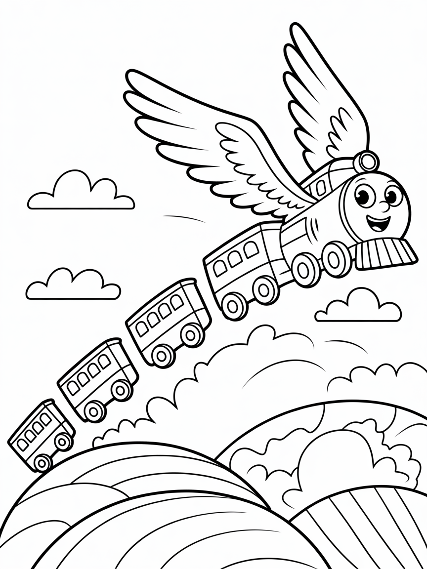 A train with wings riding trough hills - Free Coloring Page