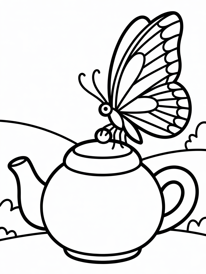 Swallowtail butterfly on a teapot - Free Coloring Page