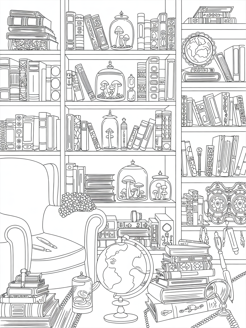 Cosy Library with mushrooms in bell jars - Free Coloring Page