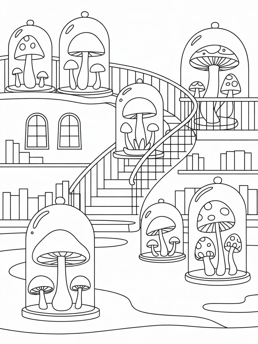 Galleried library with mushrooms in bell jars - Free Coloring Page