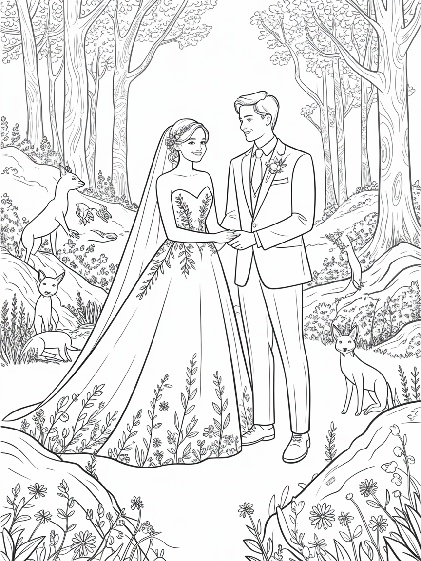 Bride and groom in woodland setting wedding card - Free Coloring Page