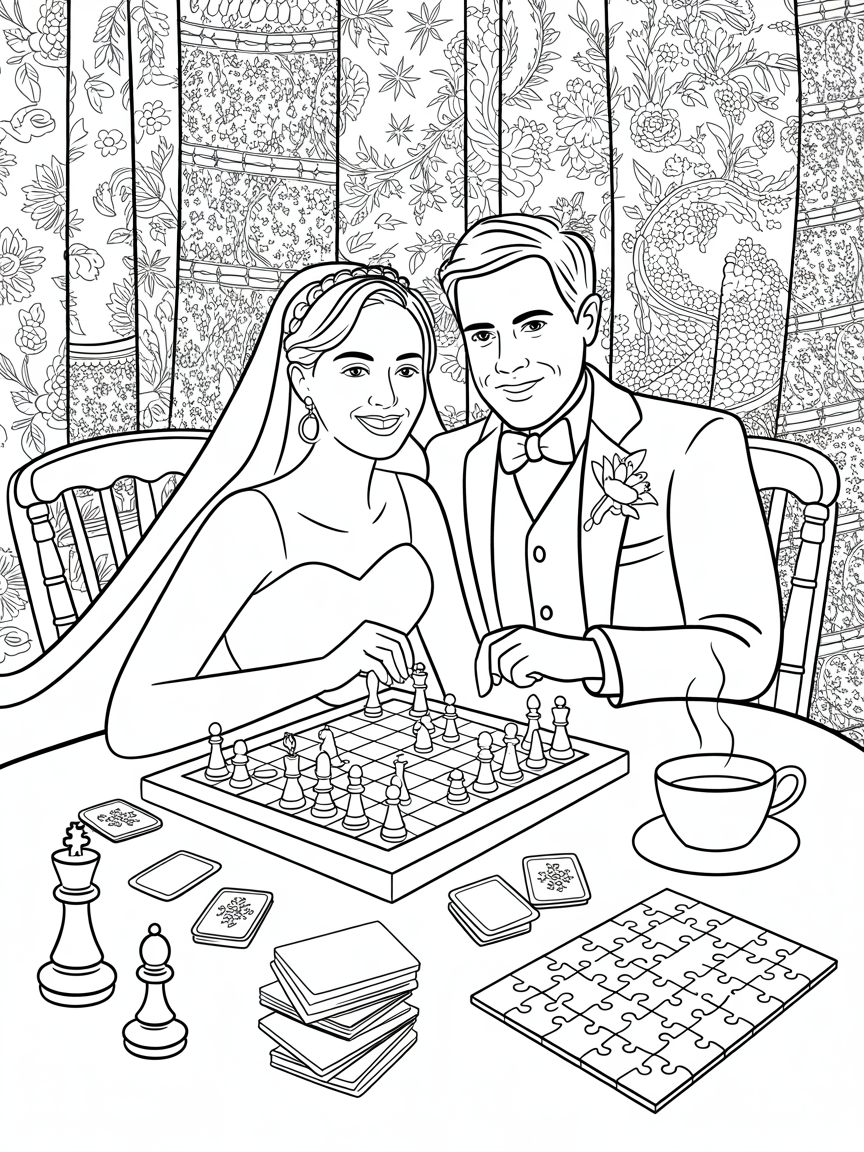 Bride and groom playing board games - Free Coloring Page