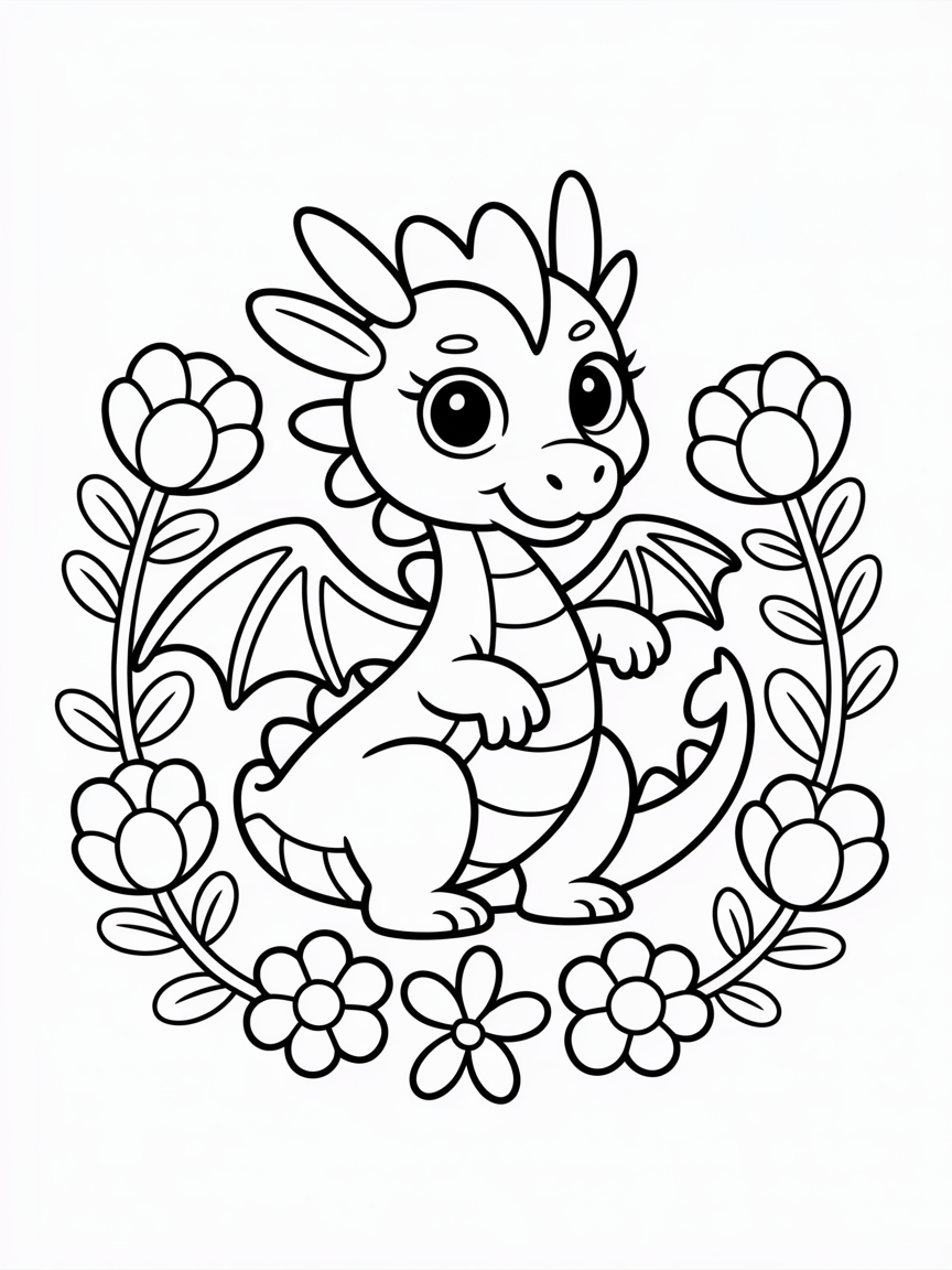 Feminine Dragon, flowers, - Free Coloring Page