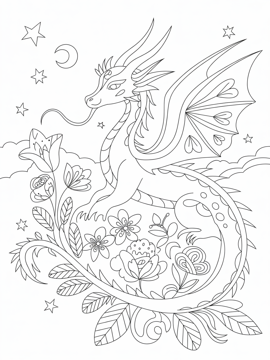 Feminine Dragon, flowers, celestial - Free Coloring Page