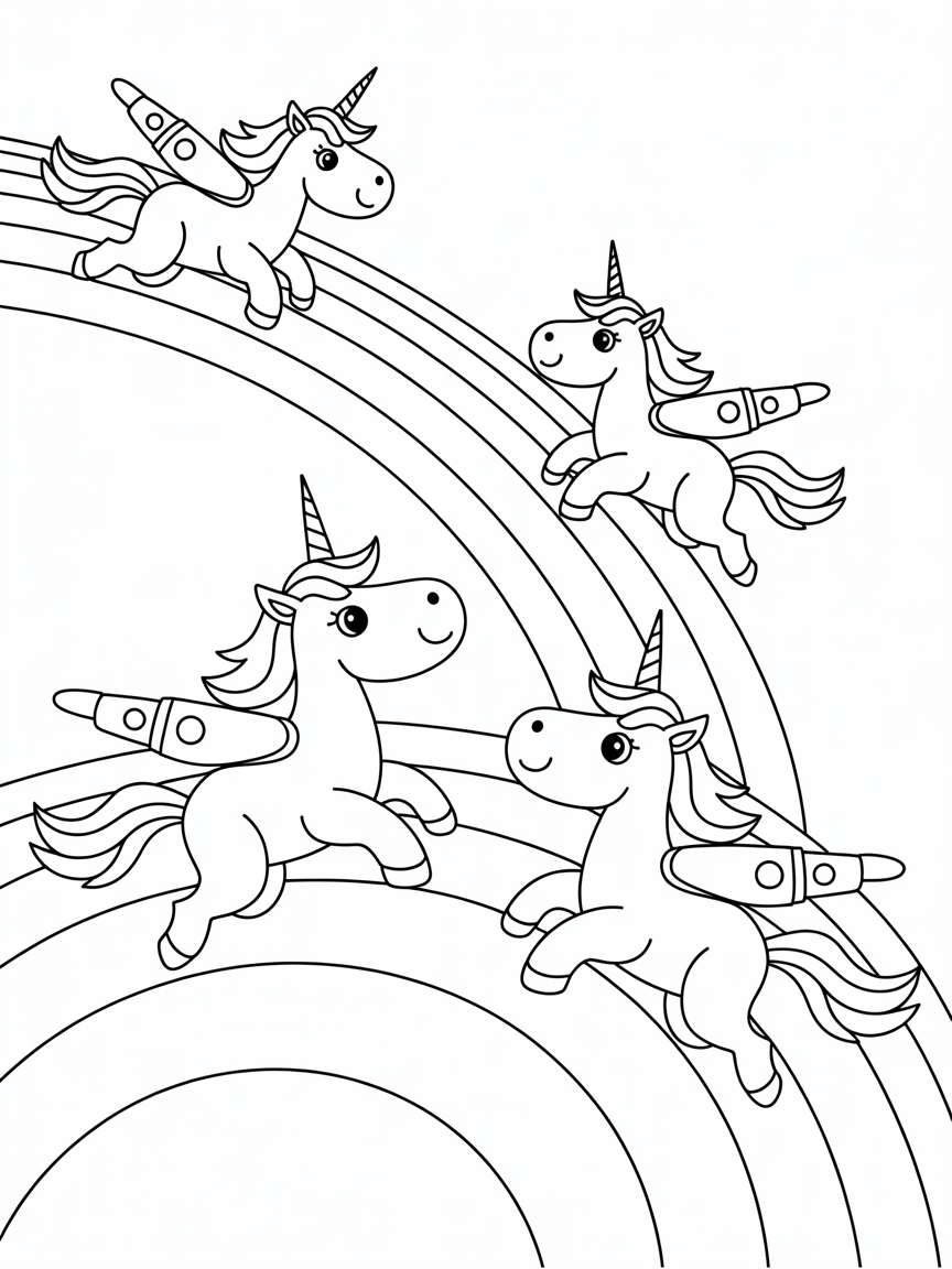 Rocket-powered unicorns racing on rainbows - Free Coloring Page