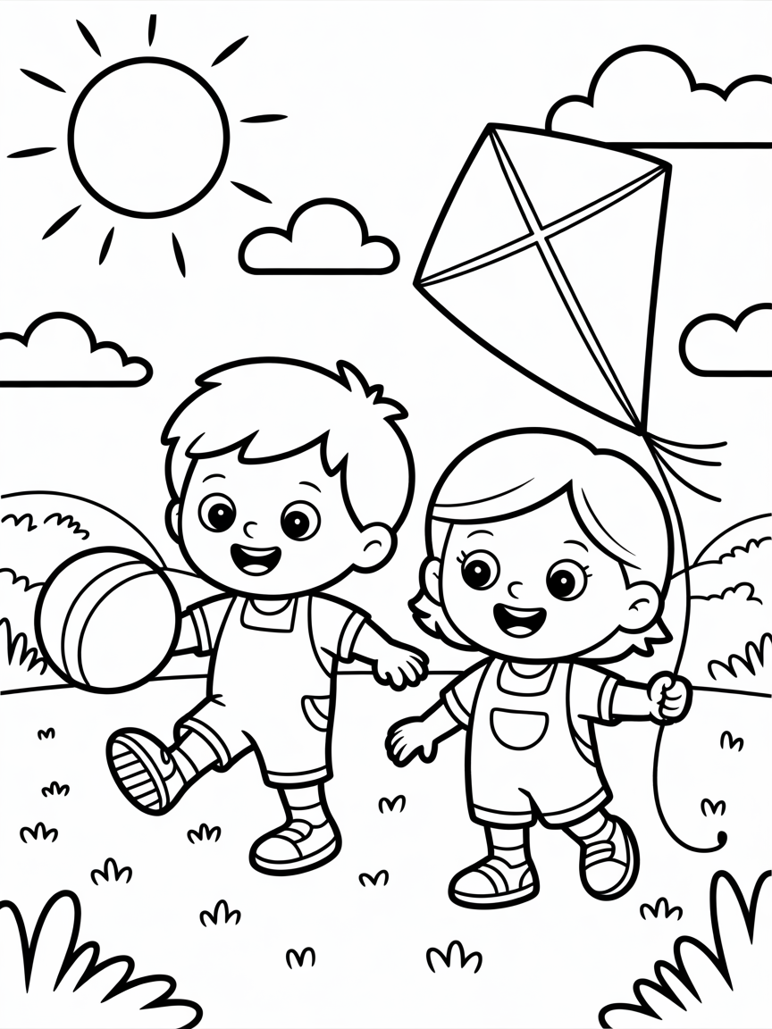 Little boy and girl playing - Free Coloring Page