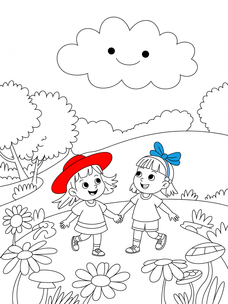 Two little girls on adventures - Free Coloring Page