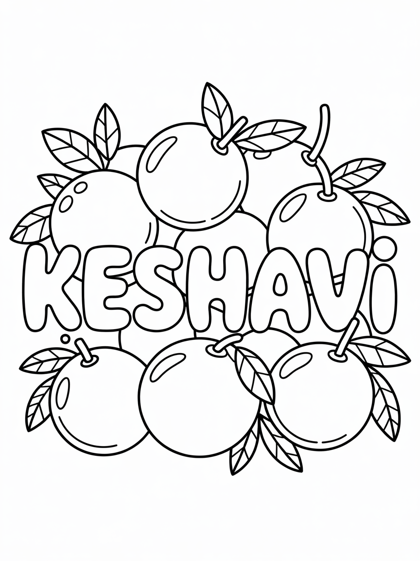 Keshavi in bubble letters and oranges - Free Coloring Page