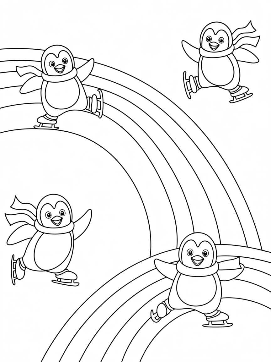 Penguins ice skating on rainbows - Free Coloring Page