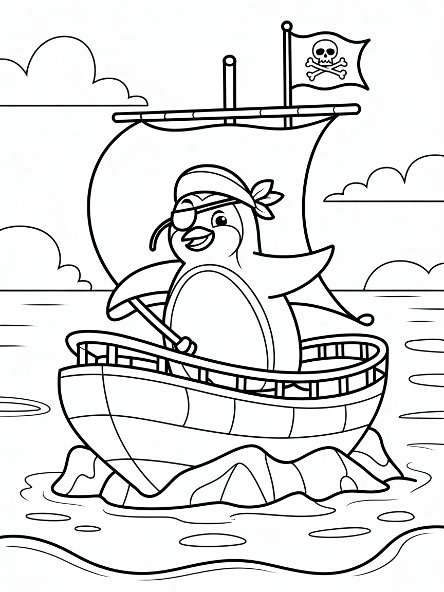 Pirate penguin steering an iceberg ship - Free Coloring Page