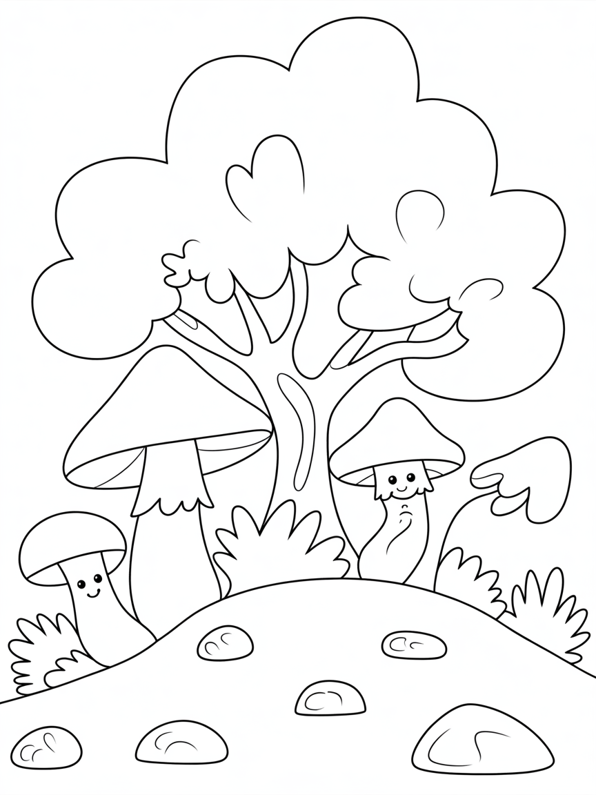 Fairytale with mushrooms, trees and rocks - Free Coloring Page