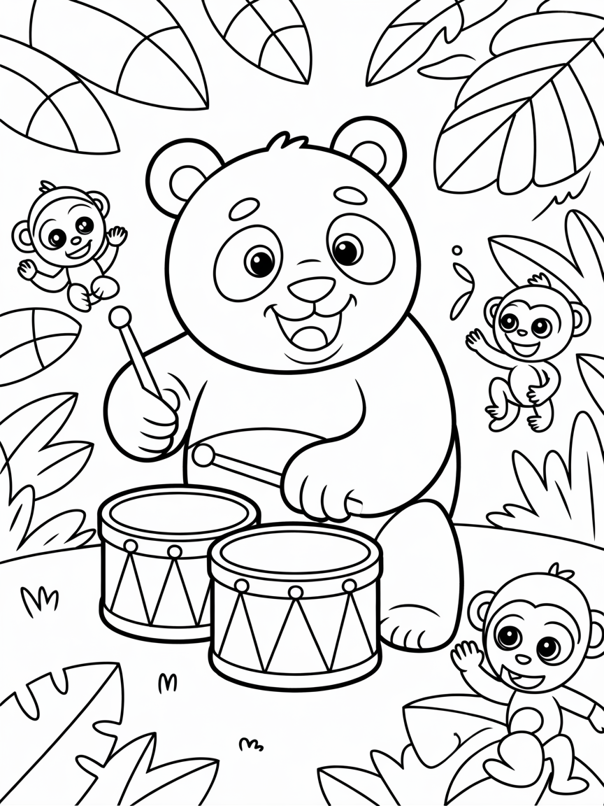 Panda playing drums in a jungle - Free Coloring Page