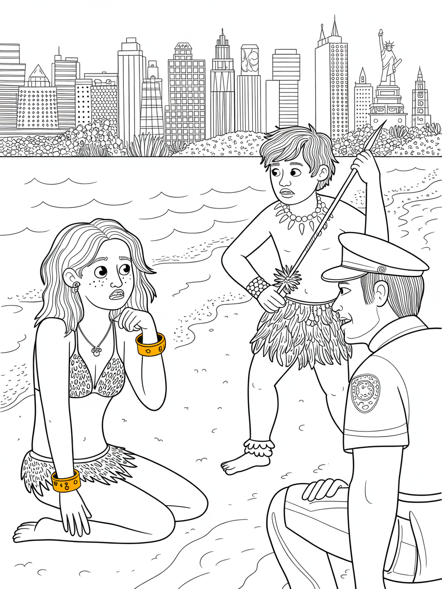 A young teenage girl and teenage boy both from the stone age both on the beach of New York City. The girl is kneeling down. She is wearing an animal skin bikini and she is locked in golden handcuffs. The boy is holding a spear and wearing a necklace made up of teeth and is talking to the police. The girl is looking anxious. - Free Coloring Page