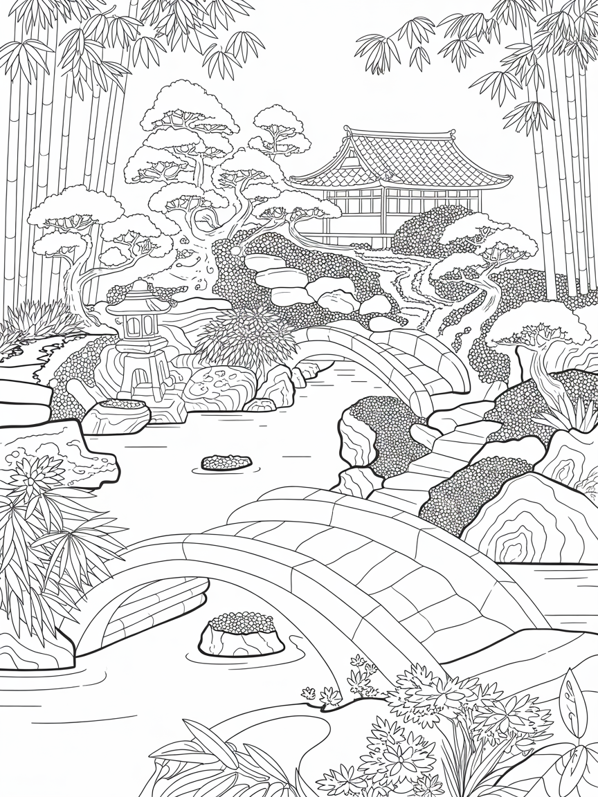 Japanese garden - Free Coloring Page