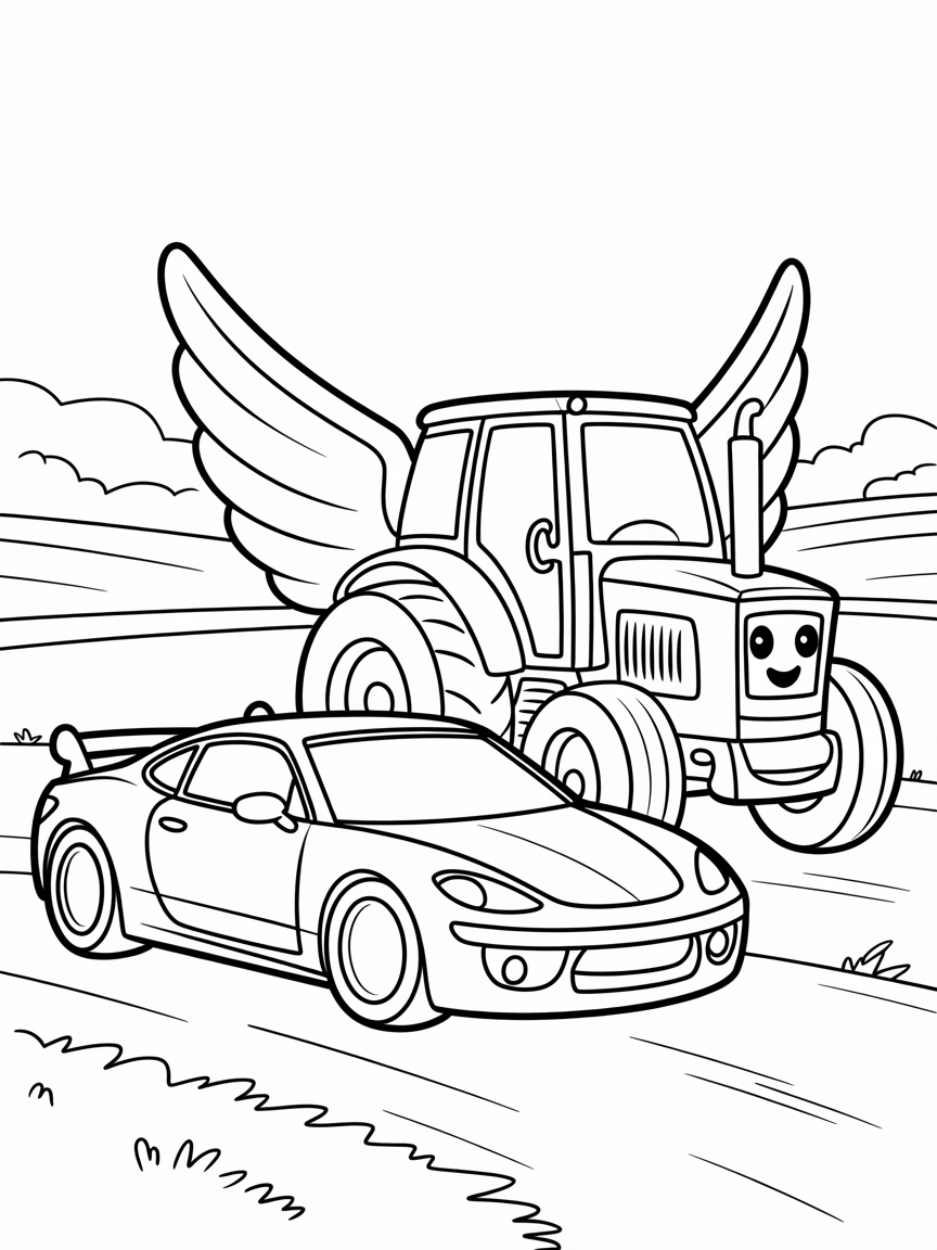 a tractor with wings and a sportcar - Free Coloring Page