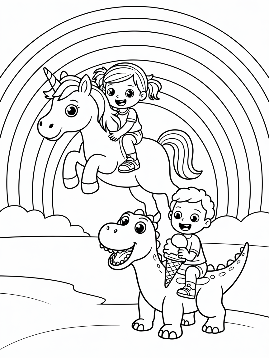 A little girl riding a unicorn across a rainbow while her little brother rides a dinosaur eating and icecream - Free Coloring Page