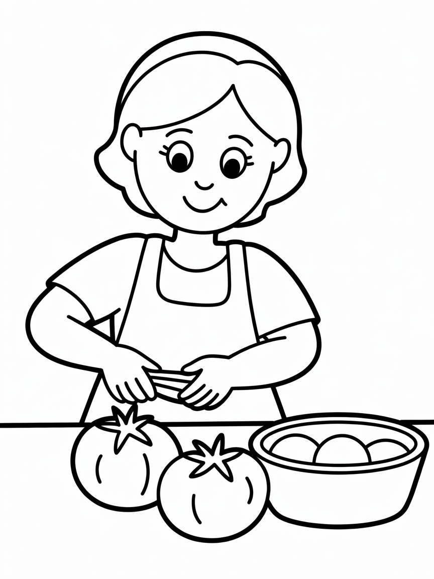 a mother peeling tomatoes - Free Coloring Page