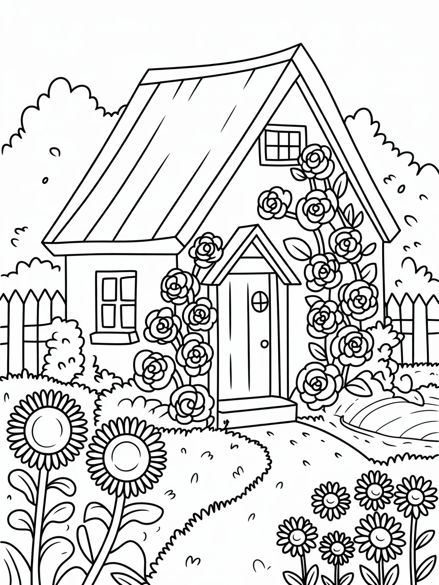 Pretty cottage in an English village with flowers in the garden - Free Coloring Page