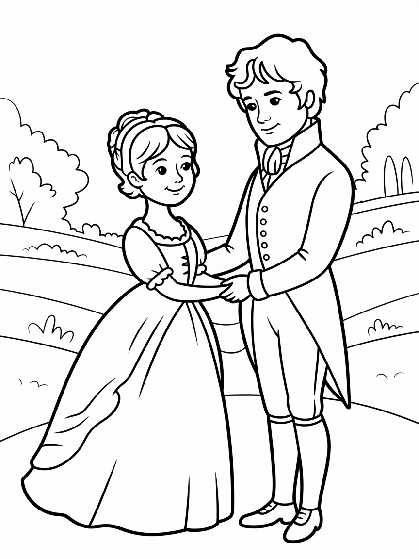 Elizabeth Bennet and Mr Darcy from Pride and Prejudice - Free Coloring Page