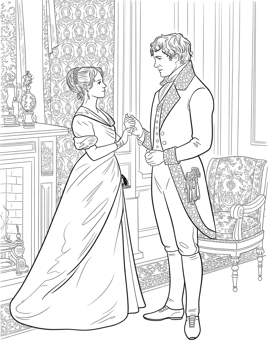 Elizabeth Bennet and Mr Darcy from Pride and Prejudice Regency era - Free Coloring Page