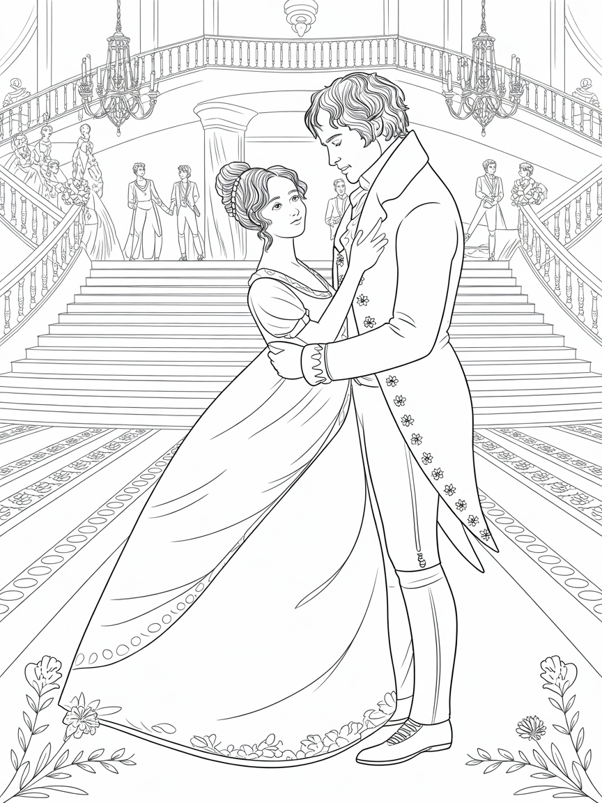 Elizabeth Bennet and Mr Darcy from Pride and Prejudice Regency era Jane Austen - Free Coloring Page