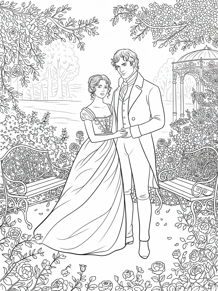 Elizabeth Bennet and Mr Darcy from Pride and Prejudice Elizabeth in empire waist gown - Free Coloring Page
