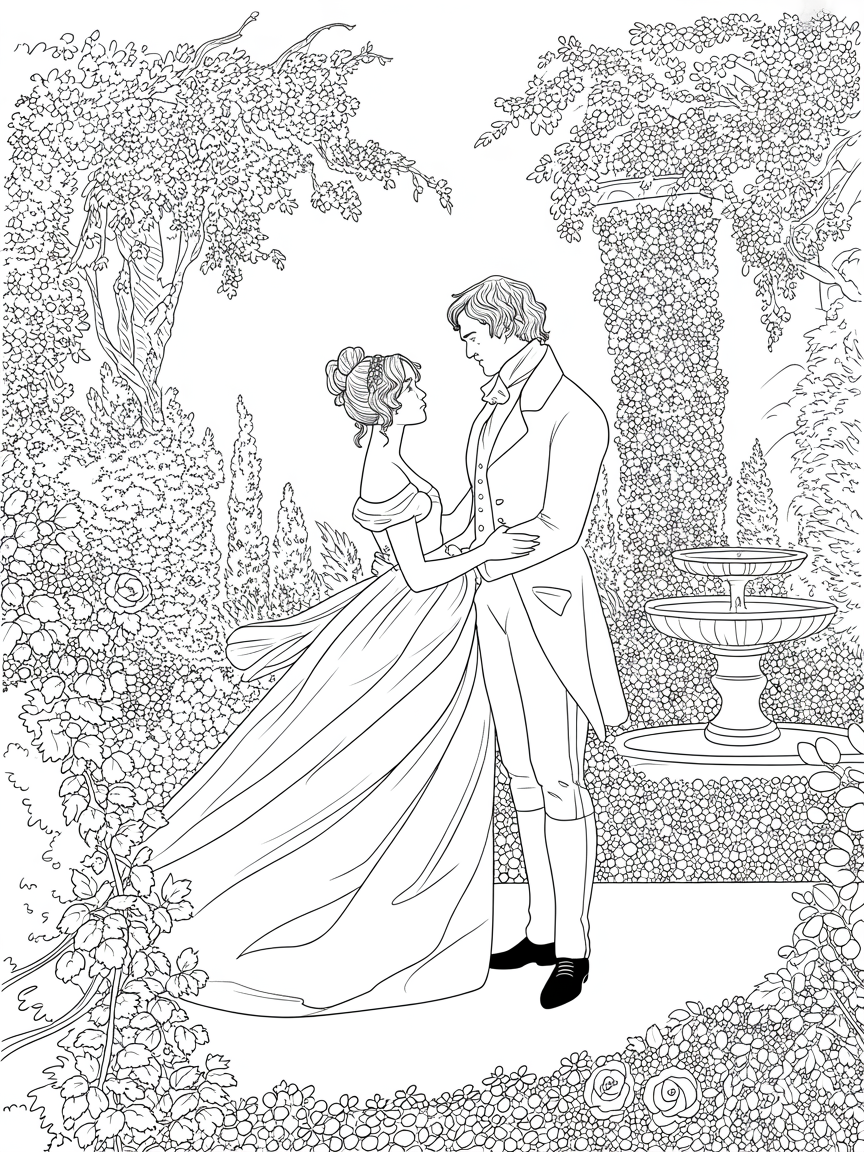 Elizabeth Bennet and Mr Darcy from Pride and Prejudice Elizabeth in empire waist gown waistline under the bust - Free Coloring Page