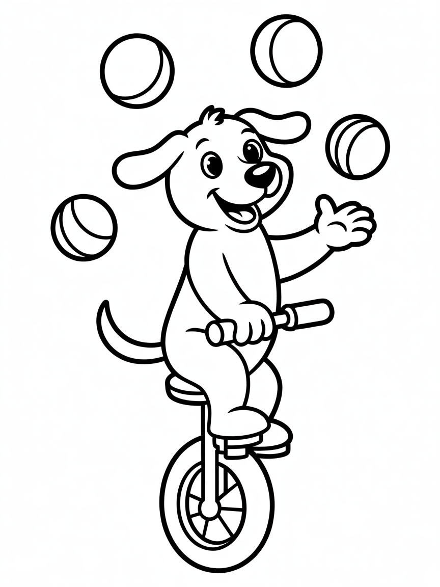 A dog on a unicycle juggling - Free Coloring Page