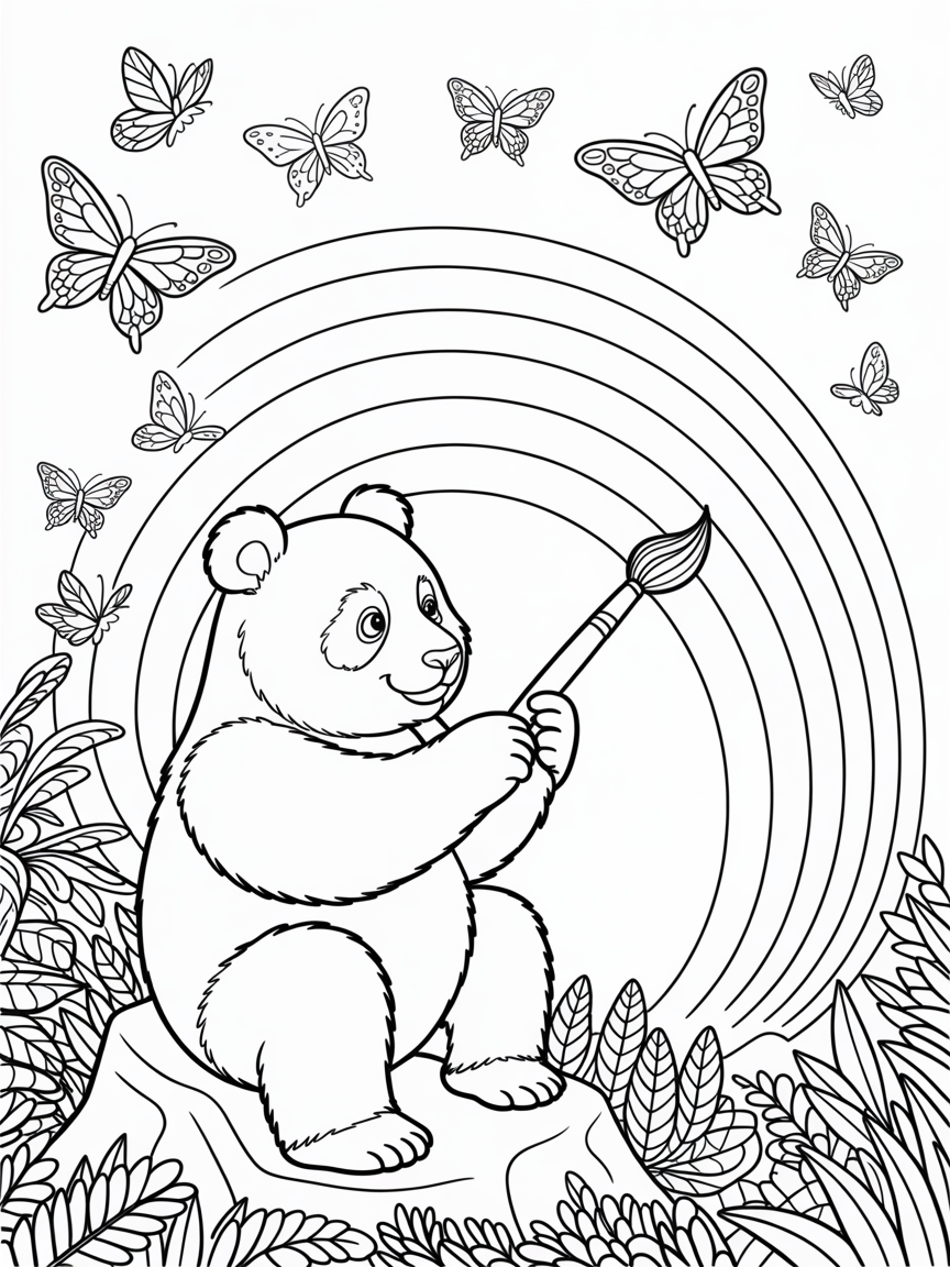 Panda painting a rainbow with butterflies - Free Coloring Page