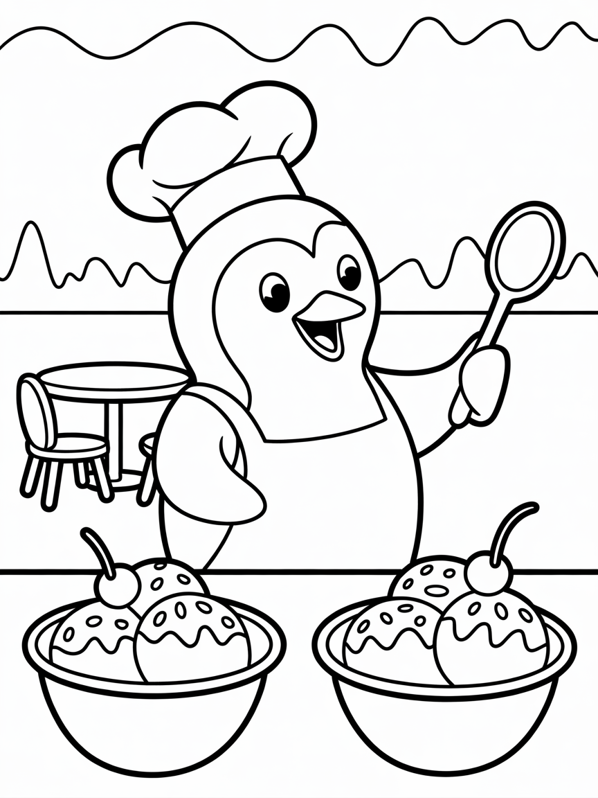 Penguin chef making ice cream sundaes - Free Coloring Page
