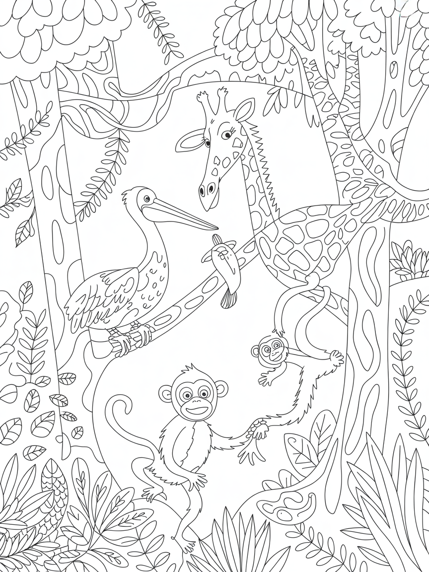 Giraffe pelican monkey - Free Coloring Page