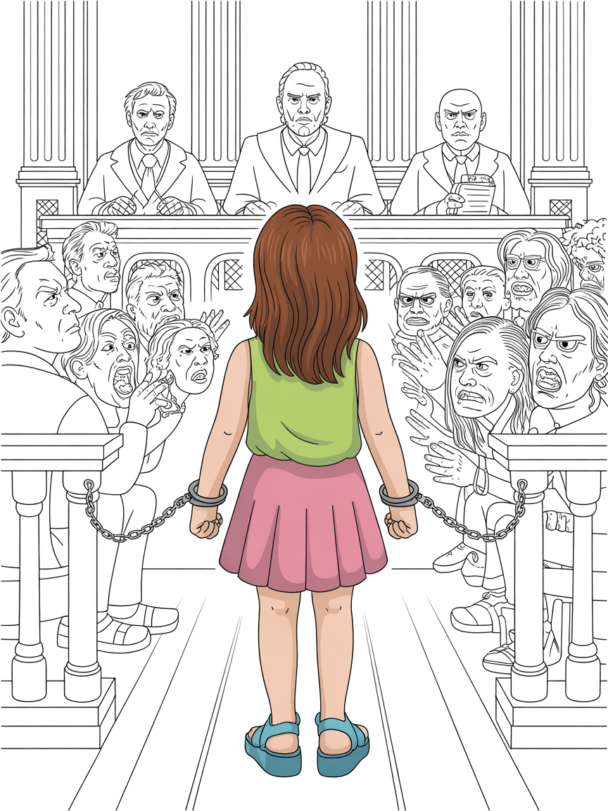 A young girl with her back to the audience. She is wearing a green sleeveless shirt, a pink pleated mini skirt and a pair of blue platform sandals. Her hair is brown. Her hands are locked in handcuffs behind her back. She is in a courtroom standing before three judges while people look on including her parents. Everyone is very angry. - Free Coloring Page