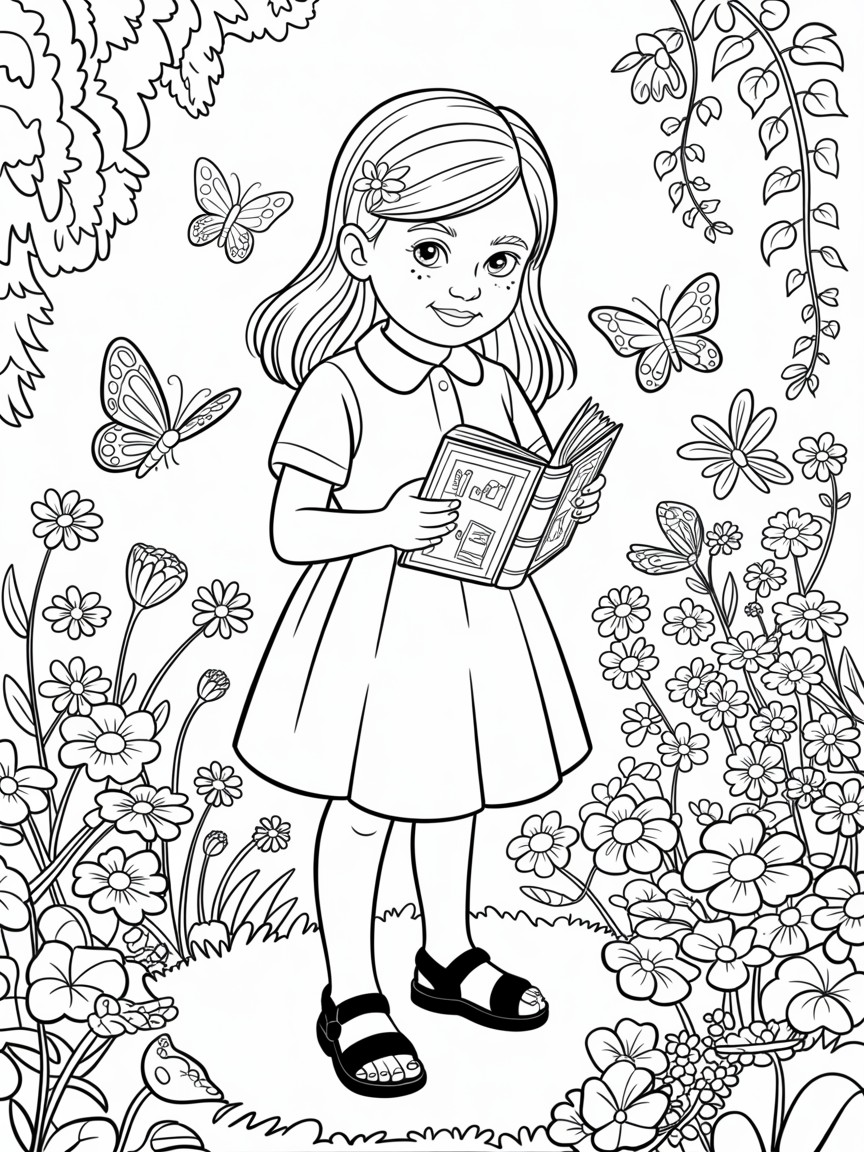 A young girl wearing a blue school dress and black open toe sandals. - Free Coloring Page