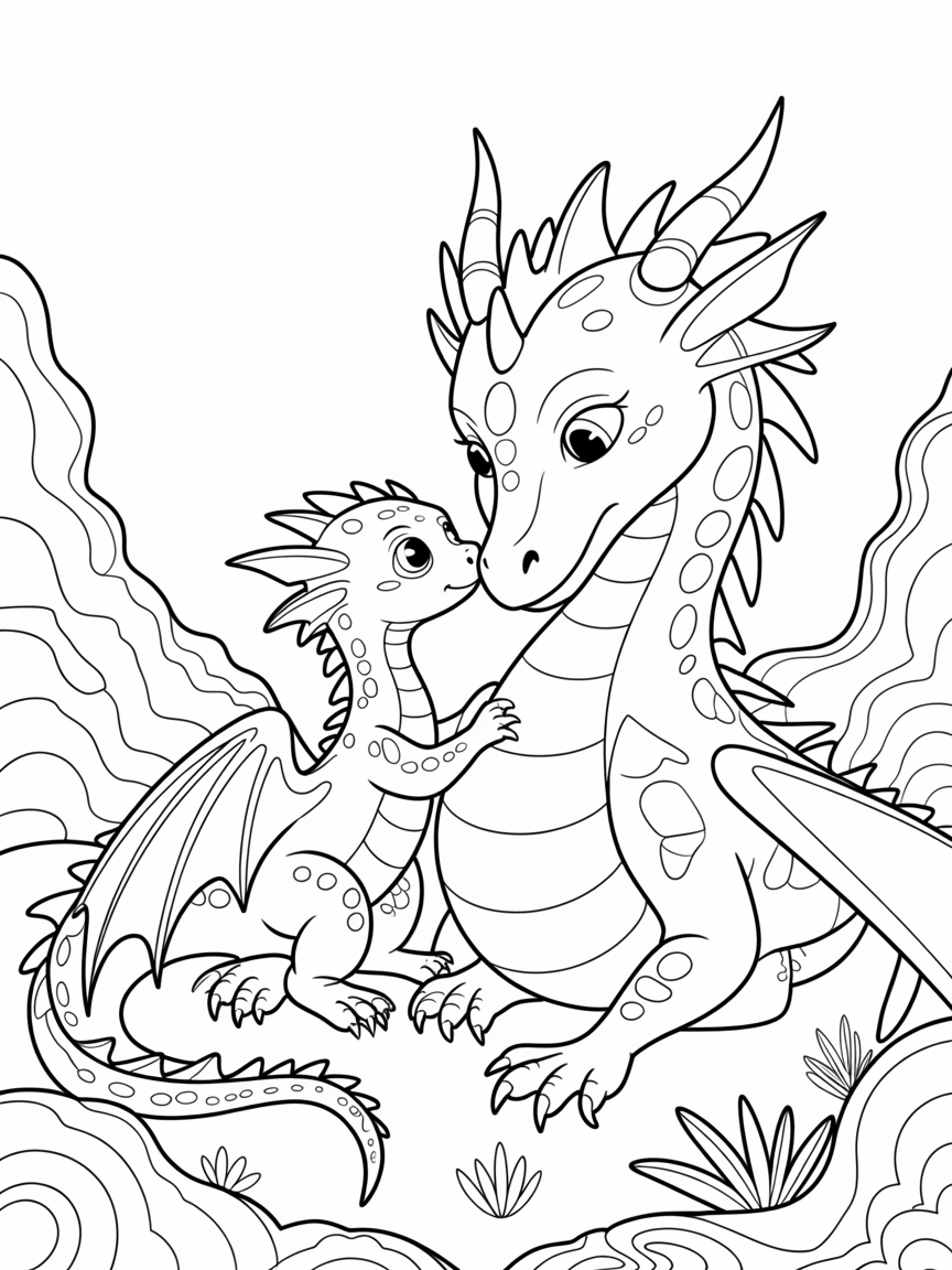A baby dragon and its mother. - Free Coloring Page