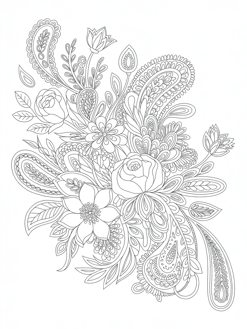 Flowers and intricate paisley - Free Coloring Page