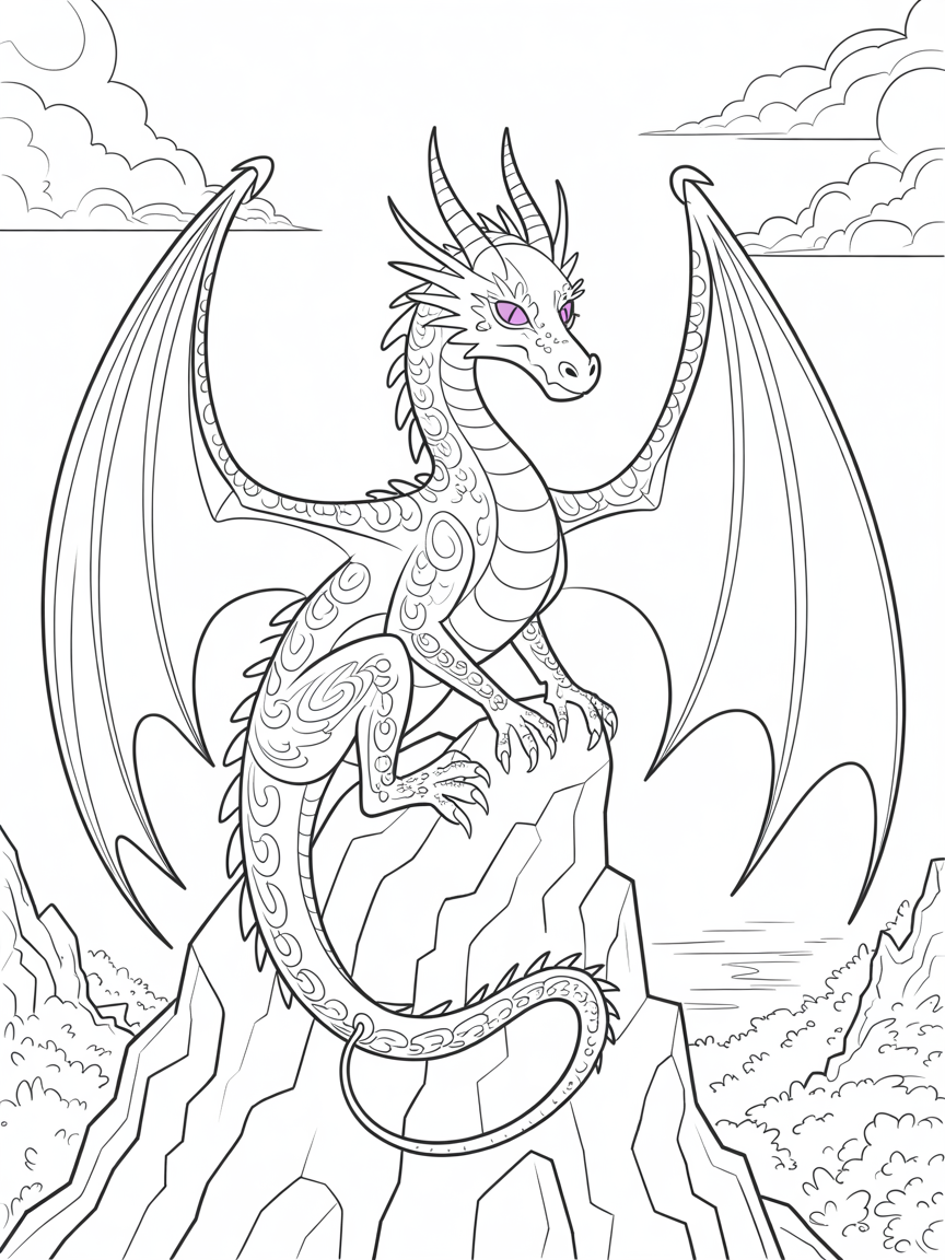 A dragon with a shiny silver body and purple eyes. - Free Coloring Page